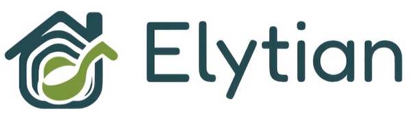 The Elytian logo, featuring a stylized house icon with a green leaf-like accent and the word 'Elytian' in dark teal, centered on a plain white background.